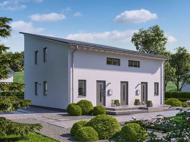 Fertighaus FamilyStyle 21.02 P von massa haus Ausbauhaus ab 194999€, Pultdachhaus Außenansicht 1