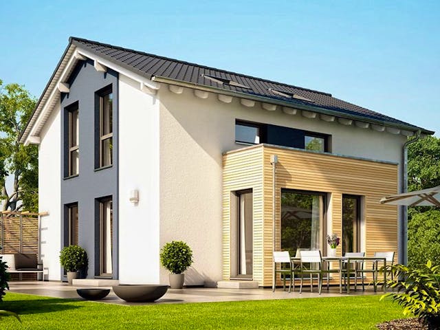 Fertighaus SUNSHINE 113 V5 von Living Fertighaus Schlüsselfertig ab 353729€, Satteldach-Klassiker Außenansicht 1