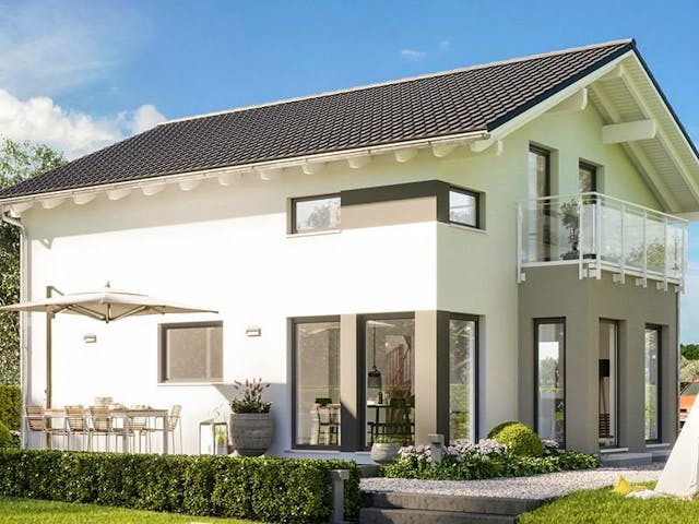 Fertighaus SUNSHINE 136 V4 von Living Fertighaus Schlüsselfertig ab 316704€, Satteldach-Klassiker Außenansicht 1