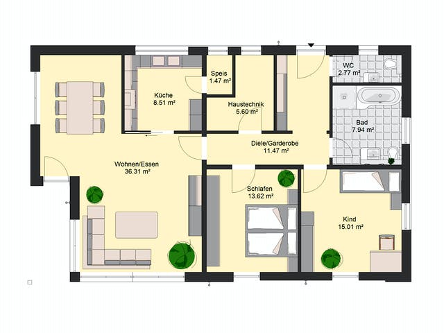 Massivhaus Avantgarde 125 von invivo haus Schlüsselfertig ab 438900€, Bungalow Grundriss 1