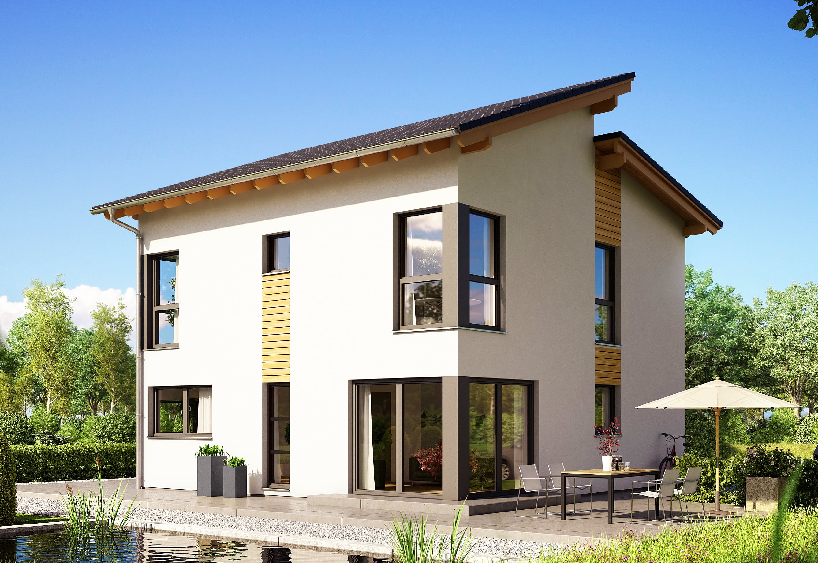 Fertighaus Jakomo von Büdenbender Hausbau Schlüsselfertig ab 313125€, Pultdachhaus Außenansicht 1