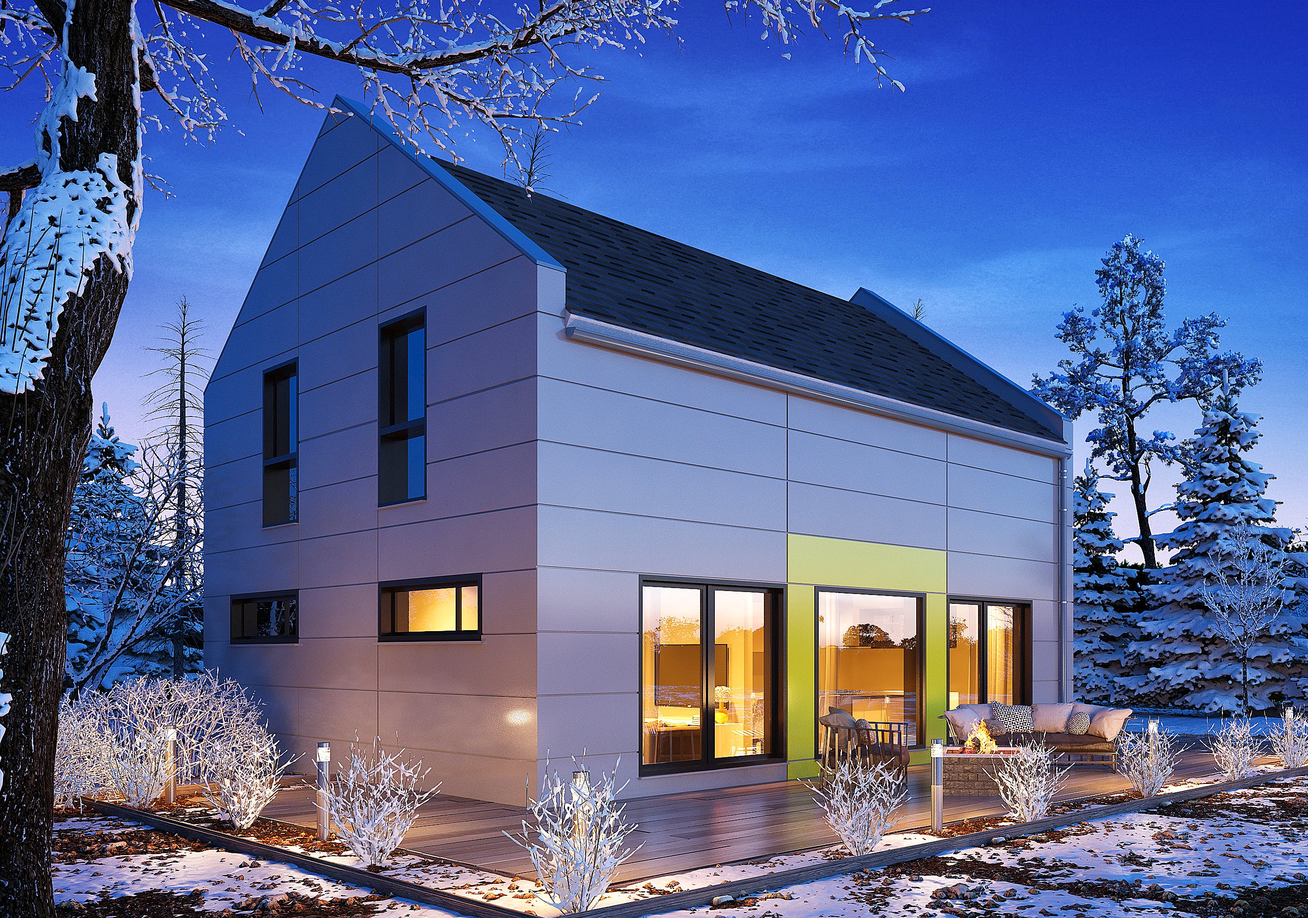 Fertighaus Jedermann Design von Büdenbender Hausbau Schlüsselfertig ab 368115€, Satteldach-Klassiker Außenansicht 1