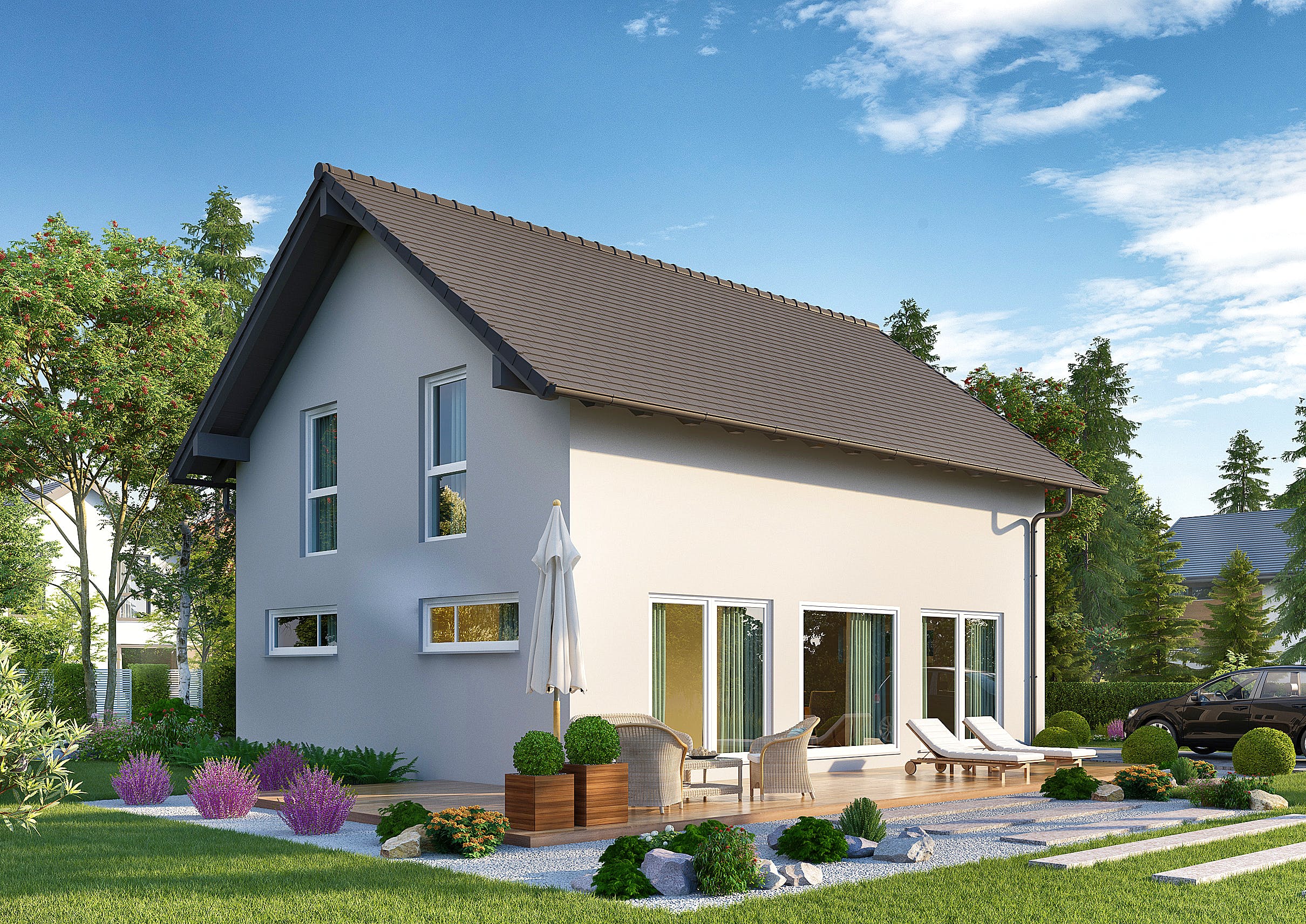 Fertighaus Jedermann Klassik von Büdenbender Hausbau Schlüsselfertig ab 313770€, Satteldach-Klassiker Außenansicht 1