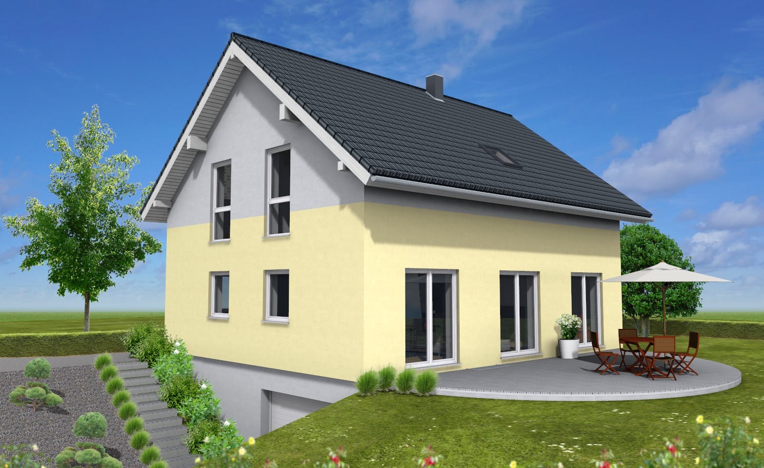 Fertighaus Junge Familie 146 von Suckfüll Energiesparhaus Schlüsselfertig ab 329499€, Satteldach-Klassiker Außenansicht 1