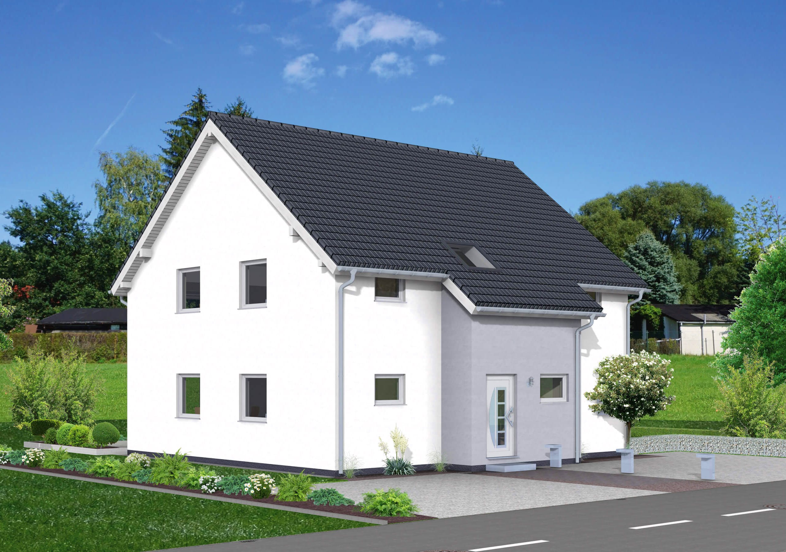 Fertighaus Junto 184 von FINGERHUT-HAUS Schlüsselfertig ab 554373€, Satteldach-Klassiker Außenansicht 1