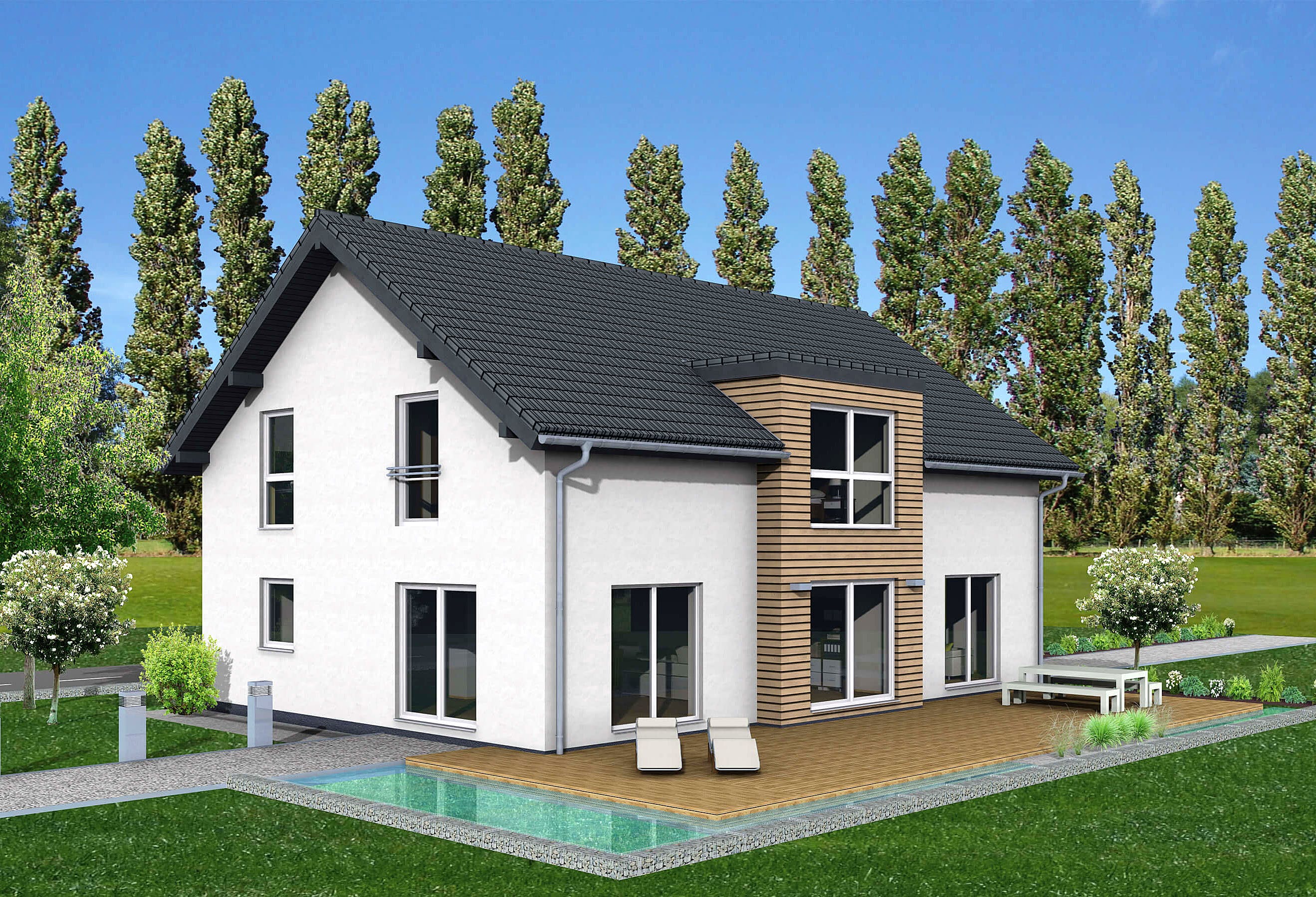 Fertighaus Junto 211 von FINGERHUT-HAUS Schlüsselfertig ab 617367€, Satteldach-Klassiker Außenansicht 1