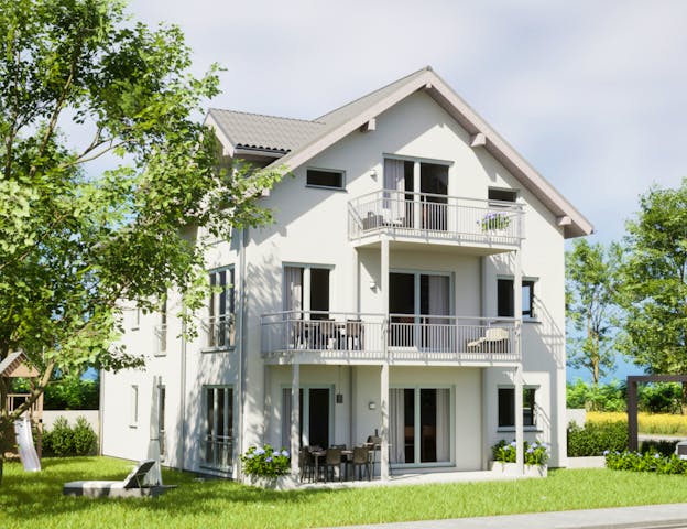 Fertighaus-Mehrfamilienhaus mit 5 Wohneinheiten, PV-Anlage & Stromspeicher von KAMPA