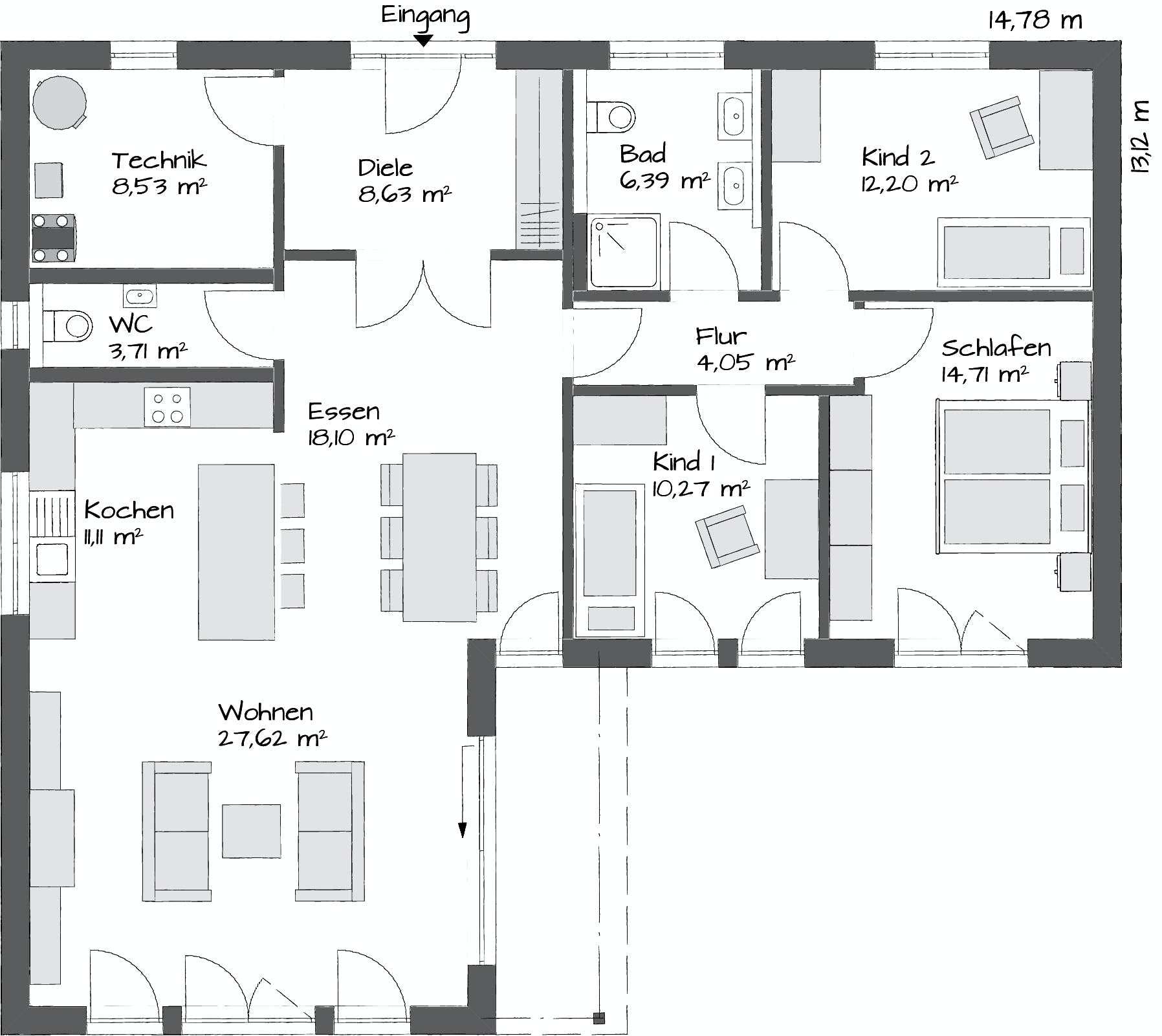 Fertighaus CLARON 1.1250 von KAMPA Schlüsselfertig ab 524822€, Bungalow Grundriss 1