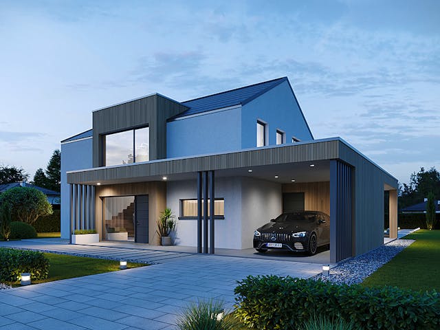 Fertighaus Concept 2 von KAMPA Schlüsselfertig ab 634731€, Satteldach-Klassiker Außenansicht 1 Fertighaus Concept 2 von KAMPA Schlüsselfertig ab 634731€, Satteldach-Klassiker Außenansicht 1