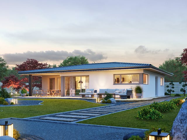 Fertighaus Signature C108 von KAMPA Schlüsselfertig ab 457103€, Bungalow Außenansicht 1 Fertighaus Signature C108 von KAMPA Schlüsselfertig ab 457103€, Bungalow Außenansicht 1