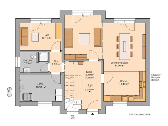 Massivhaus Familienhaus Aura von Kern-Haus Schlüsselfertig ab 427900€, Satteldach-Klassiker Grundriss 1