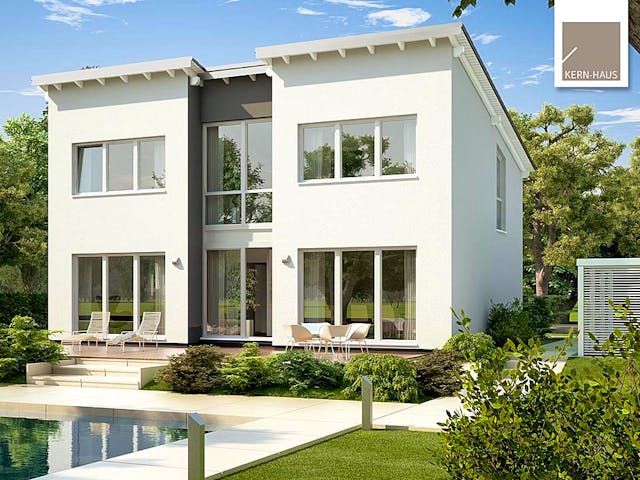 Massivhaus Familienhaus Vio von Kern-Haus Schlüsselfertig ab 374900€, Pultdachhaus Außenansicht 1 Massivhaus Familienhaus Vio von Kern-Haus Schlüsselfertig ab 374900€, Pultdachhaus Außenansicht 1