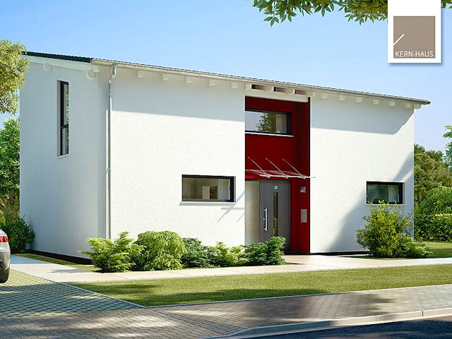 Massivhaus Familienhaus Vio Plus von Kern-Haus Schlüsselfertig ab 386900€, Pultdachhaus Außenansicht 2