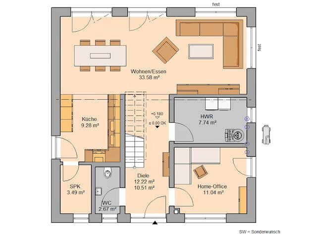 Massivhaus Familienhaus Fida von Kern-Haus Schlüsselfertig ab 392900€, Satteldach-Klassiker Grundriss 1