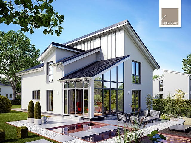 Massivhaus Familienhaus Akzent von Kern-Haus Schlüsselfertig ab 556900€, Pultdachhaus Außenansicht 2