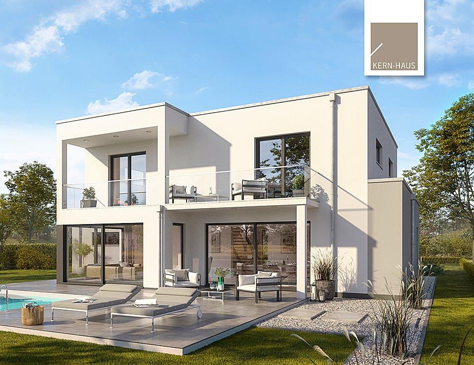 Massivhaus Bauhaus Anteo von Kern-Haus Schlüsselfertig ab 735900€, Cubushaus Außenansicht 1