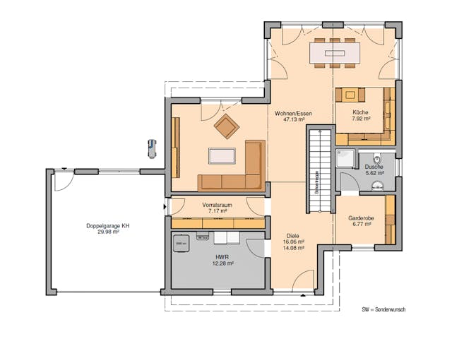 Massivhaus Bauhaus Cono von Kern-Haus Schlüsselfertig ab 648900€, Cubushaus Grundriss 1
