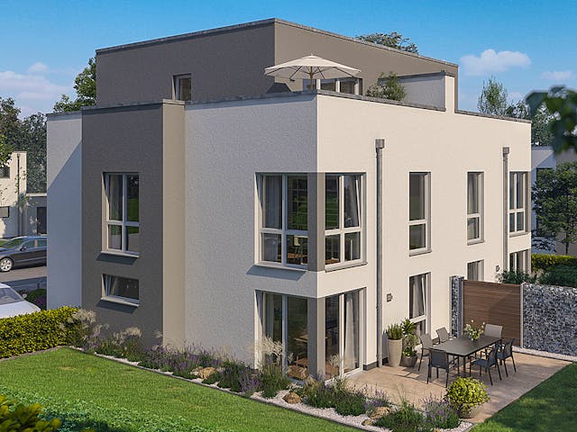 Massivhaus Doppelhaus Forneo von Kern-Haus Schlüsselfertig ab 518900€, Cubushaus Außenansicht 1