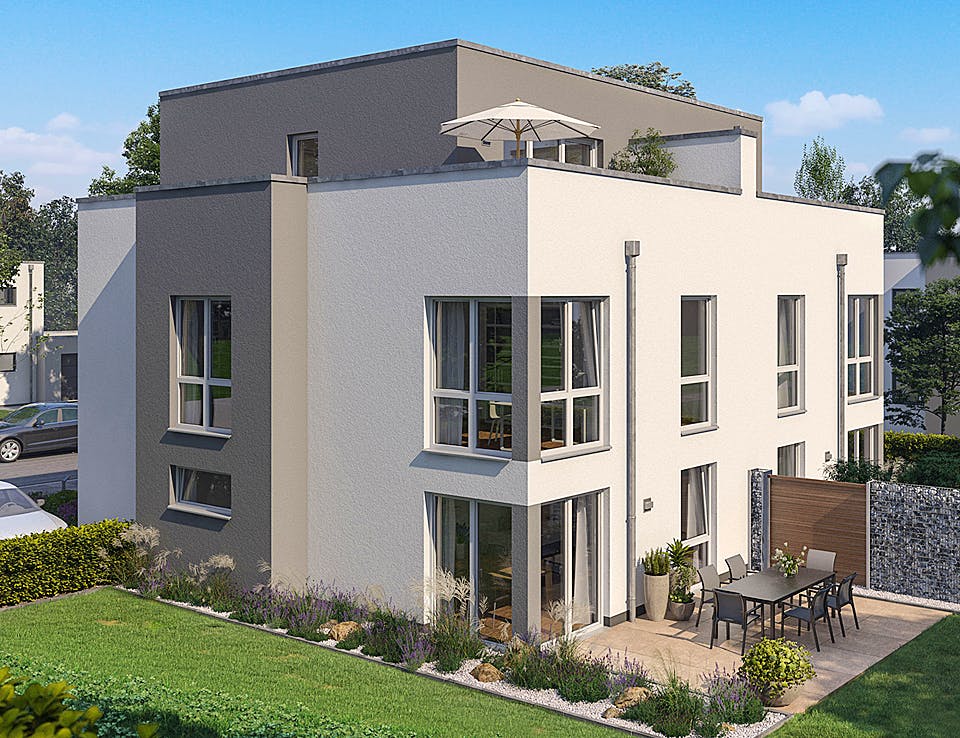 Massivhaus Doppelhaus Forneo von Kern-Haus Schlüsselfertig ab 562900€, Cubushaus Außenansicht 1