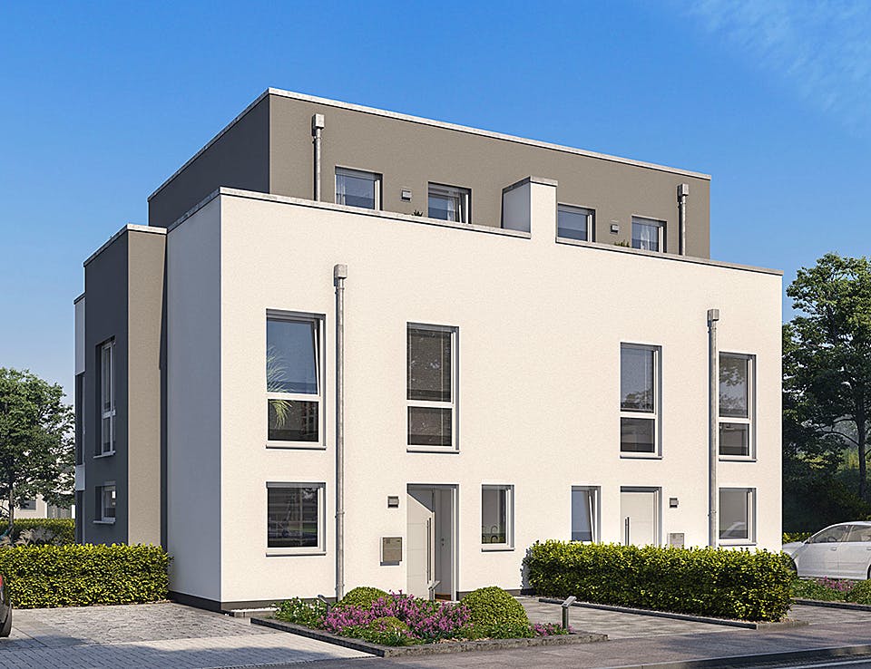 Massivhaus Doppelhaus Forneo von Kern-Haus Schlüsselfertig ab 562900€, Cubushaus Außenansicht 2