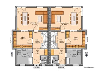 Massivhaus Doppelhaus Forneo von Kern-Haus Schlüsselfertig ab 518900€, Cubushaus Grundriss 1