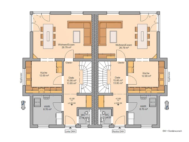 Massivhaus Doppelhaus Forneo von Kern-Haus Schlüsselfertig ab 518900€, Cubushaus Grundriss 1 Massivhaus Doppelhaus Forneo von Kern-Haus Schlüsselfertig ab 518900€, Cubushaus Grundriss 1