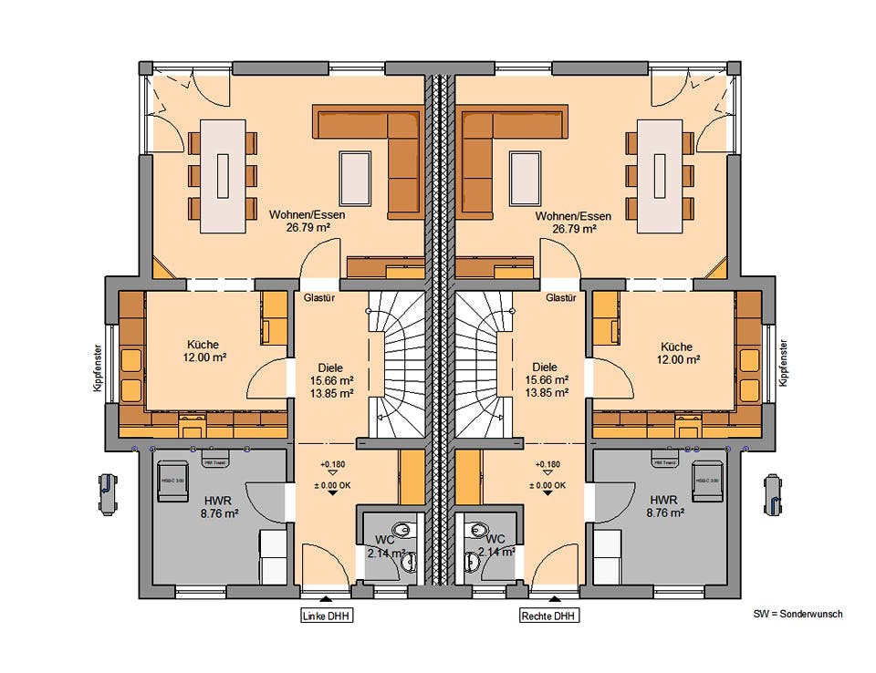 Massivhaus Doppelhaus Forneo von Kern-Haus Schlüsselfertig ab 562900€, Cubushaus Grundriss 1