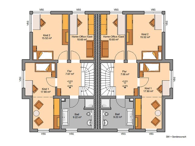 Massivhaus Doppelhaus Forneo von Kern-Haus Schlüsselfertig ab 562900€, Cubushaus Grundriss 2