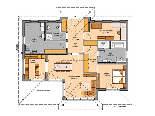 Massivhaus Bungalow Kalea von Kern-Haus Schlüsselfertig ab 441900€, Bungalow Grundriss 1
