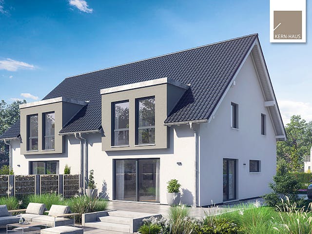 Fertighaus Doppelhaus Viseo von Kern-Haus Schlüsselfertig ab 388900€, Satteldach-Klassiker Außenansicht 1 Fertighaus Doppelhaus Viseo von Kern-Haus Schlüsselfertig ab 388900€, Satteldach-Klassiker Außenansicht 1