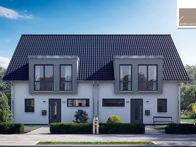 Fertighaus Doppelhaus Viseo von Kern-Haus Schlüsselfertig ab 447900€, Satteldach-Klassiker Außenansicht 2