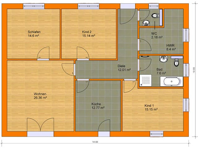 Massivhaus Bungalow 115D von KLINKER HAUS Schlüsselfertig ab 283300€, Bungalow Grundriss 1 Massivhaus Bungalow 115D von KLINKER HAUS Schlüsselfertig ab 283300€, Bungalow Grundriss 1