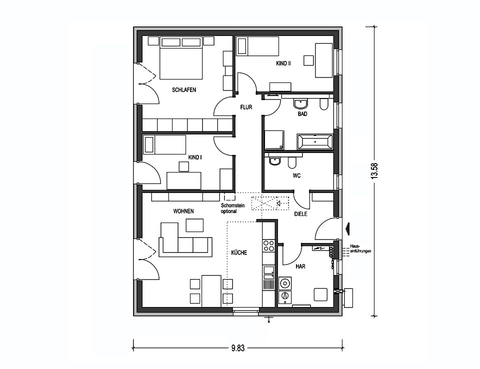 Massivhaus IDEAL 2760 von KONZEPTHAUS Schlüsselfertig ab 272300€, Bungalow Grundriss 1