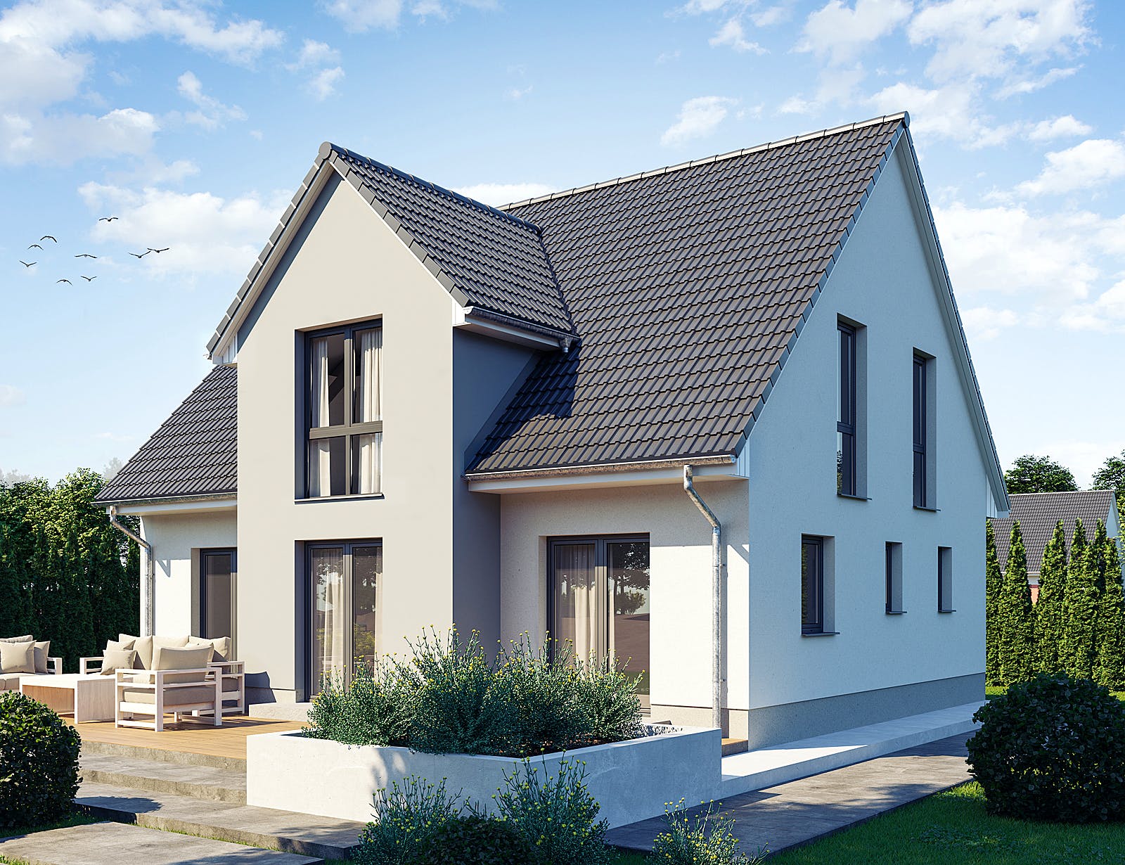 Massivhaus KLASSIK 2710 von KONZEPTHAUS Schlüsselfertig ab 369100€, Satteldach-Klassiker Außenansicht 1