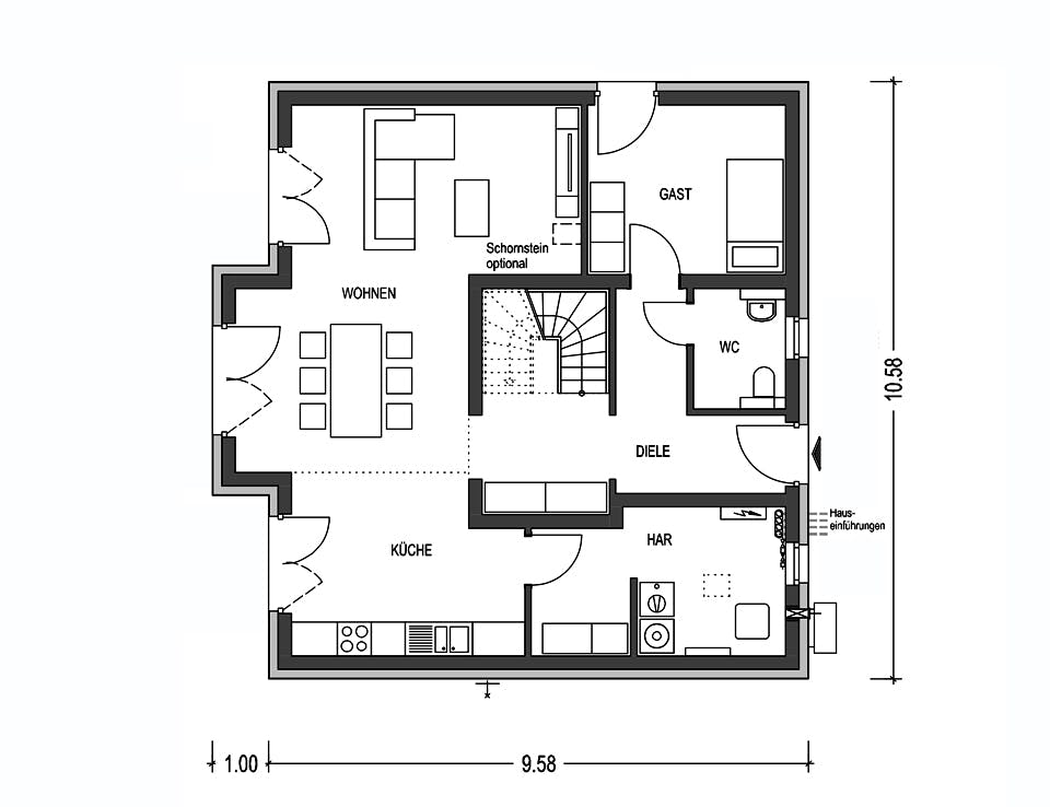 Massivhaus KLASSIK 2710 von KONZEPTHAUS Schlüsselfertig ab 369100€, Satteldach-Klassiker Grundriss 1