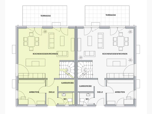 Massivhaus Doppelhaus 124 von Lechner Massivhaus, Satteldach-Klassiker Grundriss 1 Massivhaus Doppelhaus 124 von Lechner Massivhaus, Satteldach-Klassiker Grundriss 1