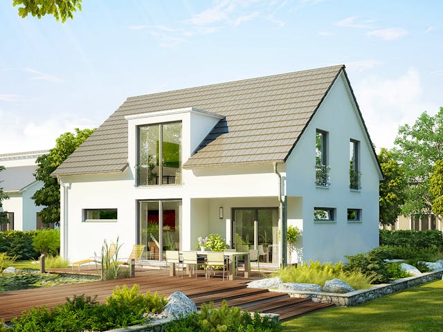 Massivhaus Familyhaus 140 von Lechner Massivhaus, Satteldach-Klassiker Außenansicht 1 Massivhaus Familyhaus 140 von Lechner Massivhaus, Satteldach-Klassiker Außenansicht 1