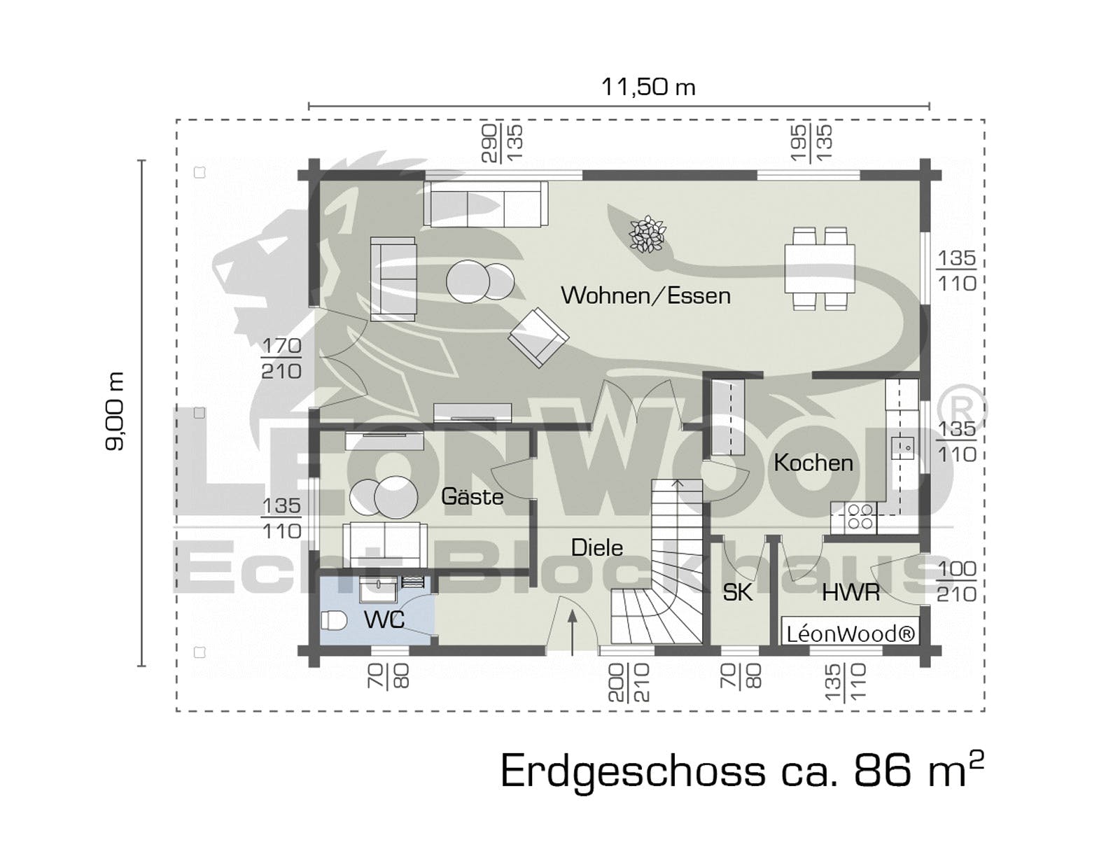 Blockhaus Classic 150 von LéonWood Holz-Blockhaus Bausatzhaus ab 162880€, Blockhaus Grundriss 1