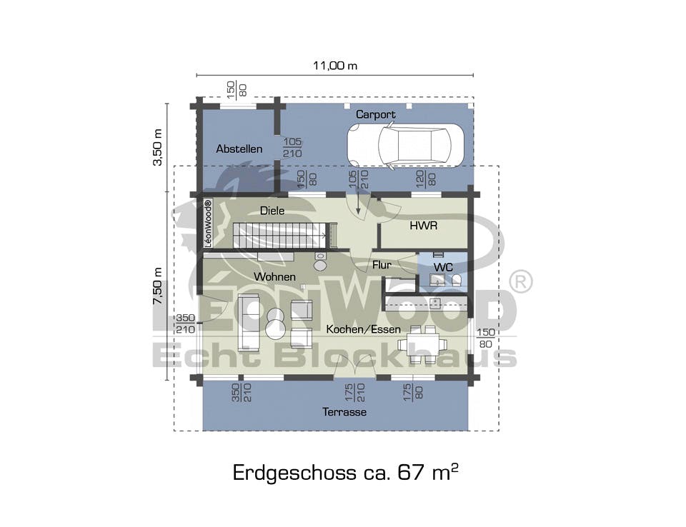 Blockhaus Cubus 130 von LéonWood Holz-Blockhaus Bausatzhaus ab 158130€, Blockhaus Grundriss 1
