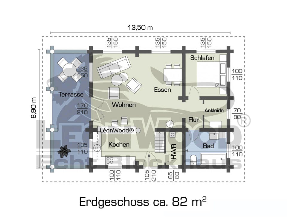 Blockhaus Elch von LéonWood Holz-Blockhaus Bausatzhaus ab 146650€, Blockhaus Grundriss 1
