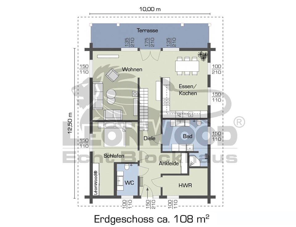 Blockhaus Espoo 108 von LéonWood Holz-Blockhaus Bausatzhaus ab 156800€, Blockhaus Grundriss 1