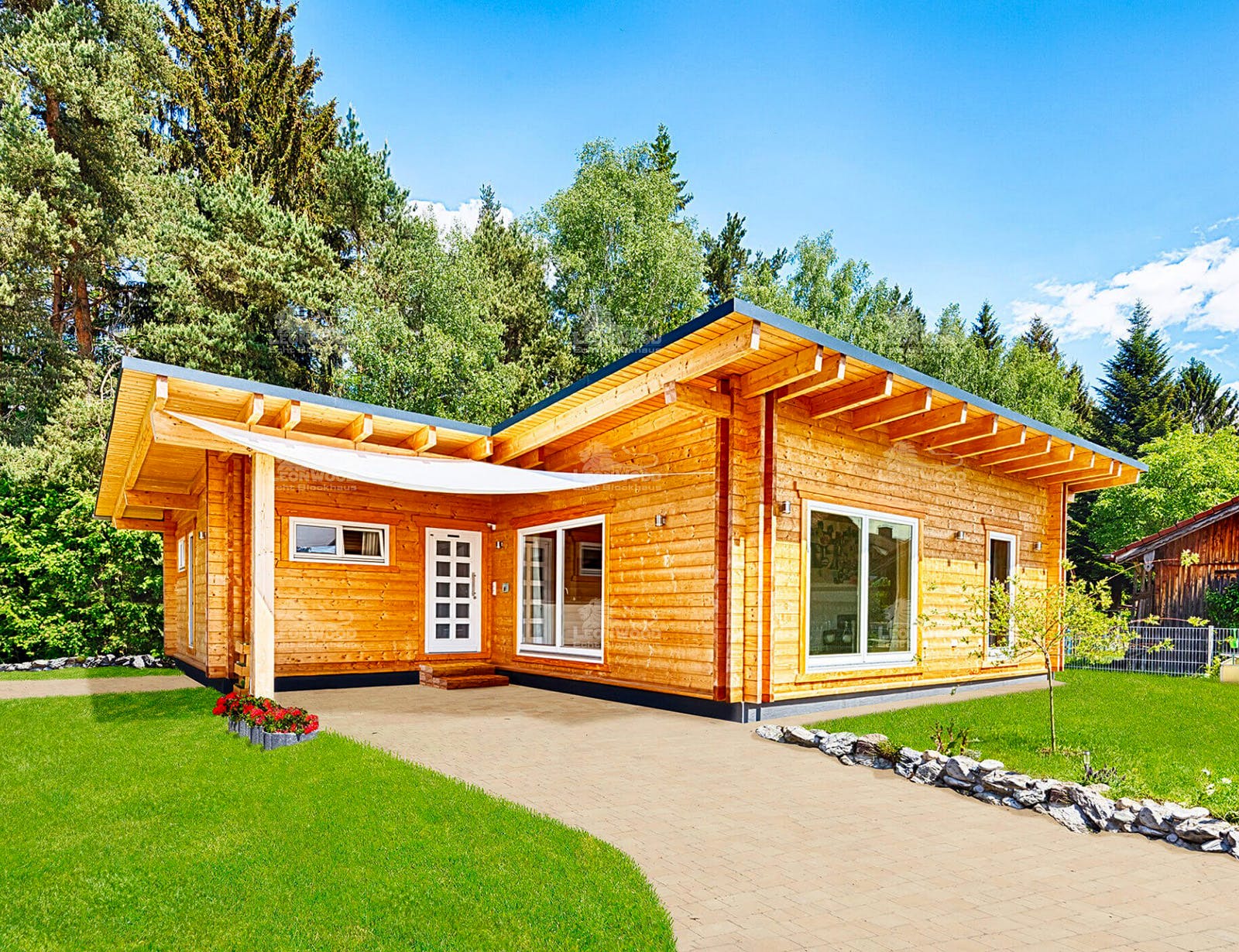 Blockhaus Flatwood Green 90 von LéonWood® Holz-Blockhaus Bausatzhaus ab 120466€, Blockhaus Außenansicht 1