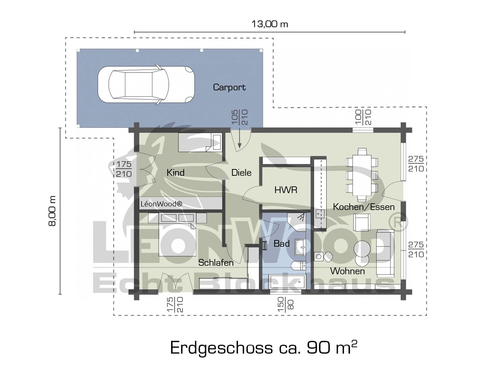 Blockhaus Flatwood Green 90 von LéonWood® Holz-Blockhaus Bausatzhaus ab 120466€, Blockhaus Grundriss 1