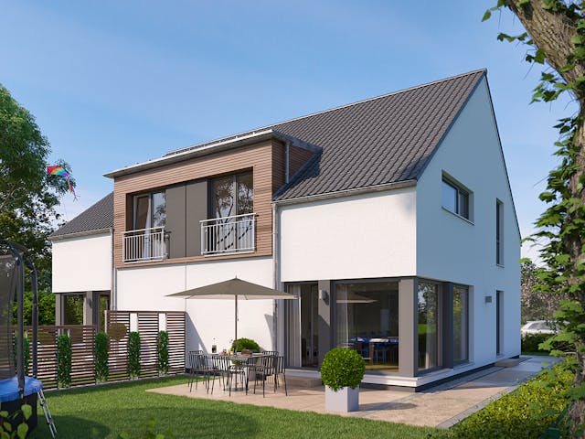 Fertighaus SOLUTION 124 L V2 von Living Fertighaus Schlüsselfertig ab 345264€, Satteldach-Klassiker Außenansicht 1