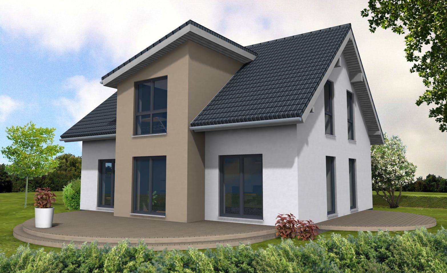 Fertighaus Lifestyle 157 von Suckfüll Energiesparhaus Schlüsselfertig ab 360816€, Satteldach-Klassiker Außenansicht 1