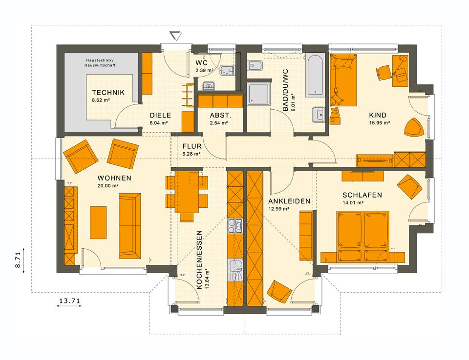 Fertighaus SOLUTION 101 V2 von Living Fertighaus Ausbauhaus ab 300695€, Bungalow Grundriss 1