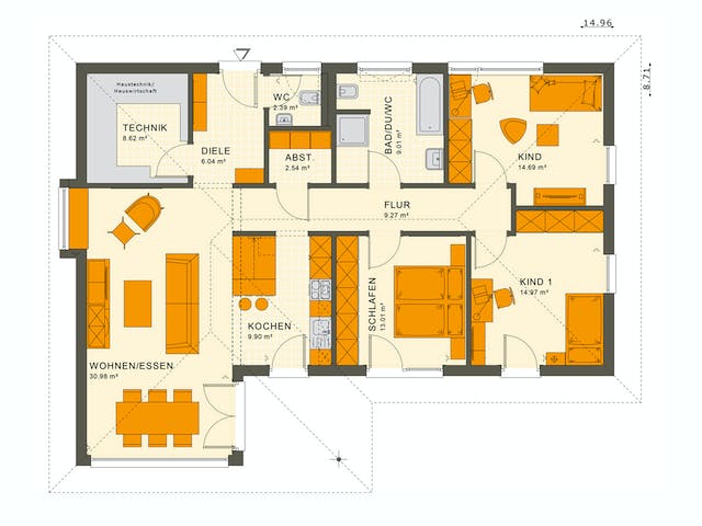 Fertighaus SOLUTION 110 V3 von Living Fertighaus Ausbauhaus ab 327686€, Bungalow Grundriss 1