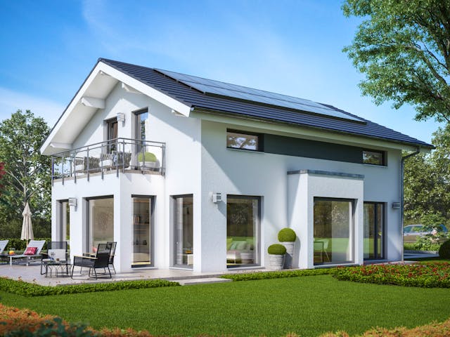 Fertighaus SUNSHINE 143 V4 von Living Fertighaus Schlüsselfertig ab 325537€, Satteldach-Klassiker Außenansicht 1