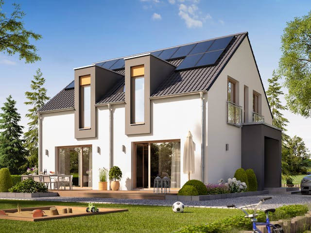 Fertighaus SUNSHINE 154 V3 von Living Fertighaus Schlüsselfertig ab 421044€, Satteldach-Klassiker Außenansicht 1