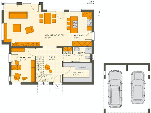 Fertighaus SUNSHINE 165 V2 von Living Fertighaus Ausbauhaus ab 360009€, Satteldach-Klassiker Grundriss 1